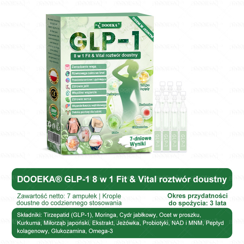 DOOEKA® GLP-1 8 w 1 Fit & Vital roztwór doustny 💚 Raz dziennie, widoczne zmiany w ciągu 7 dni / W przypadku otyłości, zdrowia serca i układu krążenia, cukrzycy, bezdechu sennego, zdrowia jelit, problemów ze stawami i wielu innych