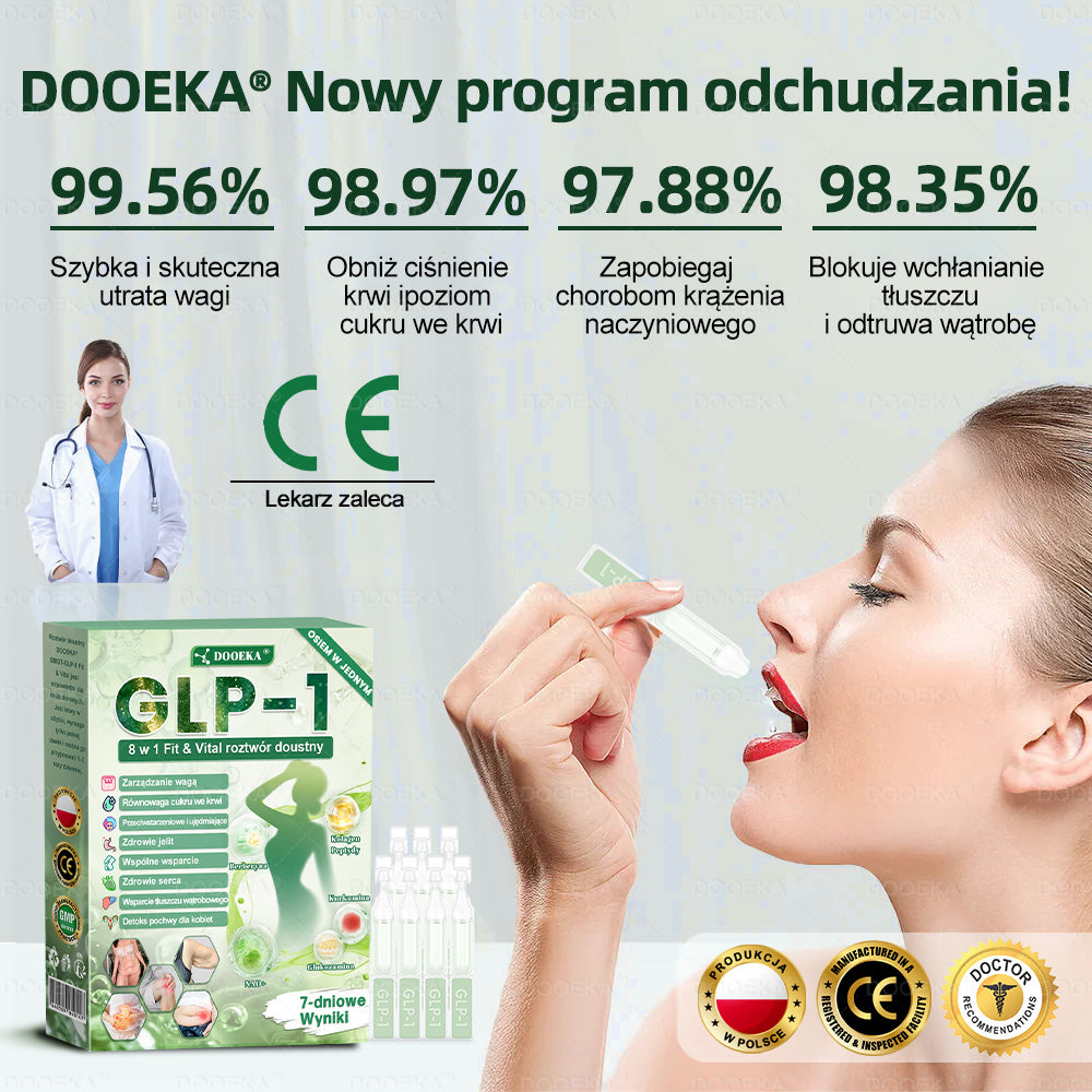 DOOEKA® GLP-1 8 w 1 Fit & Vital roztwór doustny 💚 Raz dziennie, widoczne zmiany w ciągu 7 dni / W przypadku otyłości, zdrowia serca i układu krążenia, cukrzycy, bezdechu sennego, zdrowia jelit, problemów ze stawami i wielu innych